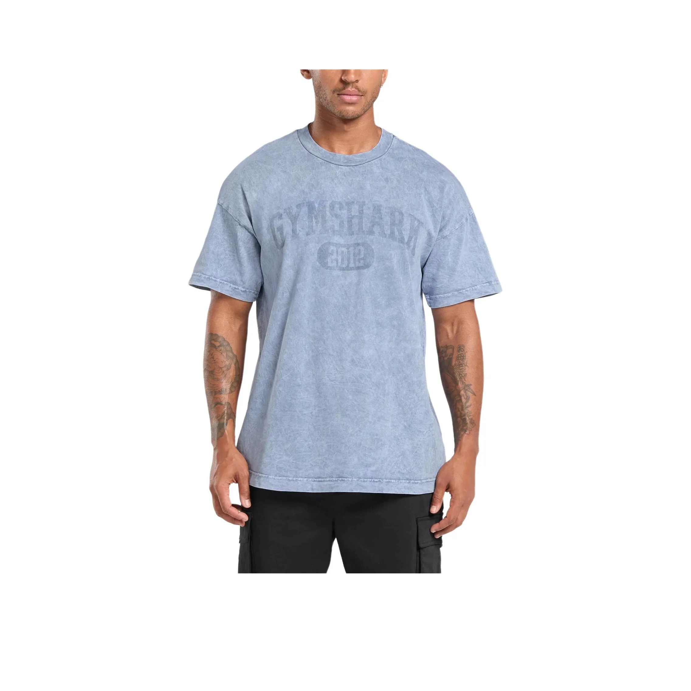 GYMSHARK Collegiate Shadow Washed T-Shirt Men's Bleached Blue GYMSHARK Collegiate Shadow Промытый T-Рубашка Мужская Выцветший Синий