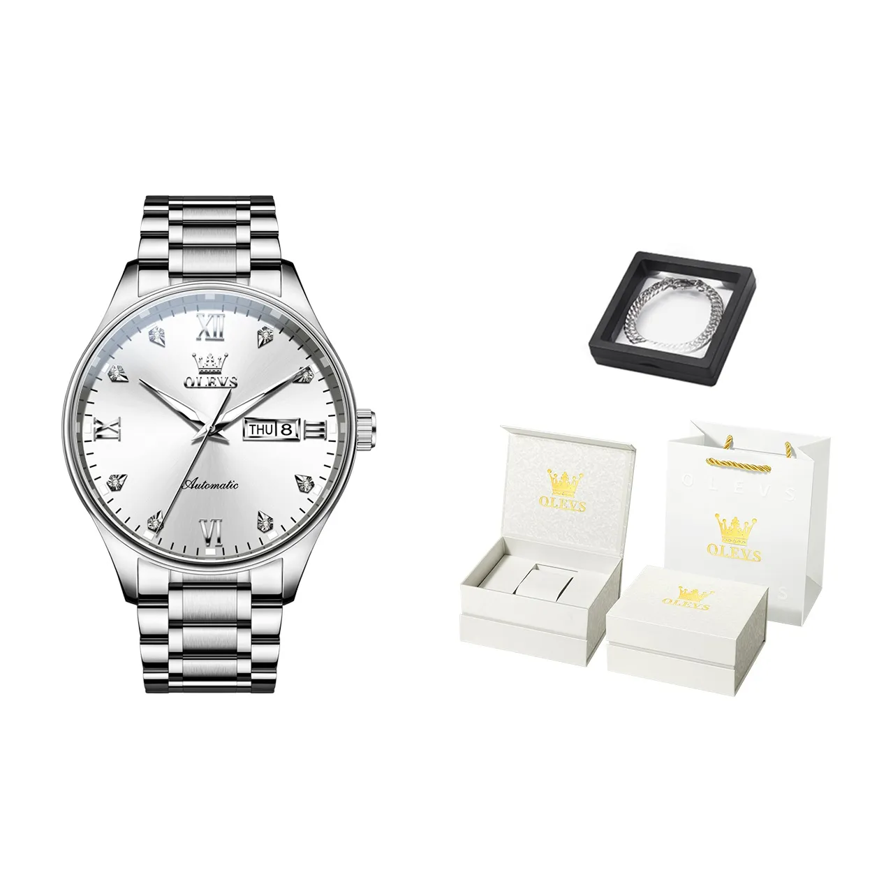 OLEVS Double Calendar Cut Out Mechanical Movement Stainless Steel Watchband Watch Men's Watches Black Dial