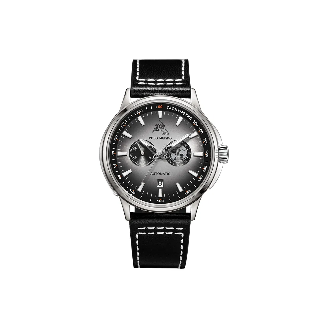 POLOMEISDO POLO Wrist Watch Automatic Mechanical Movement Cowhide Strap 41mm Gray Dial Men's Watches Wooden Box