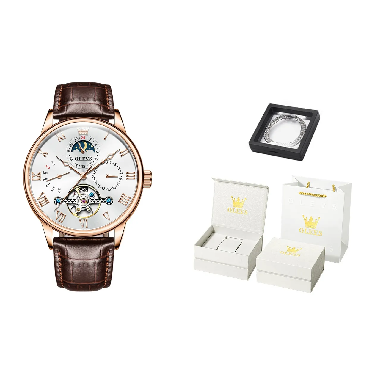 OLEVS Mechanical Movement Leather Strap Watch Men's Watches White Dial