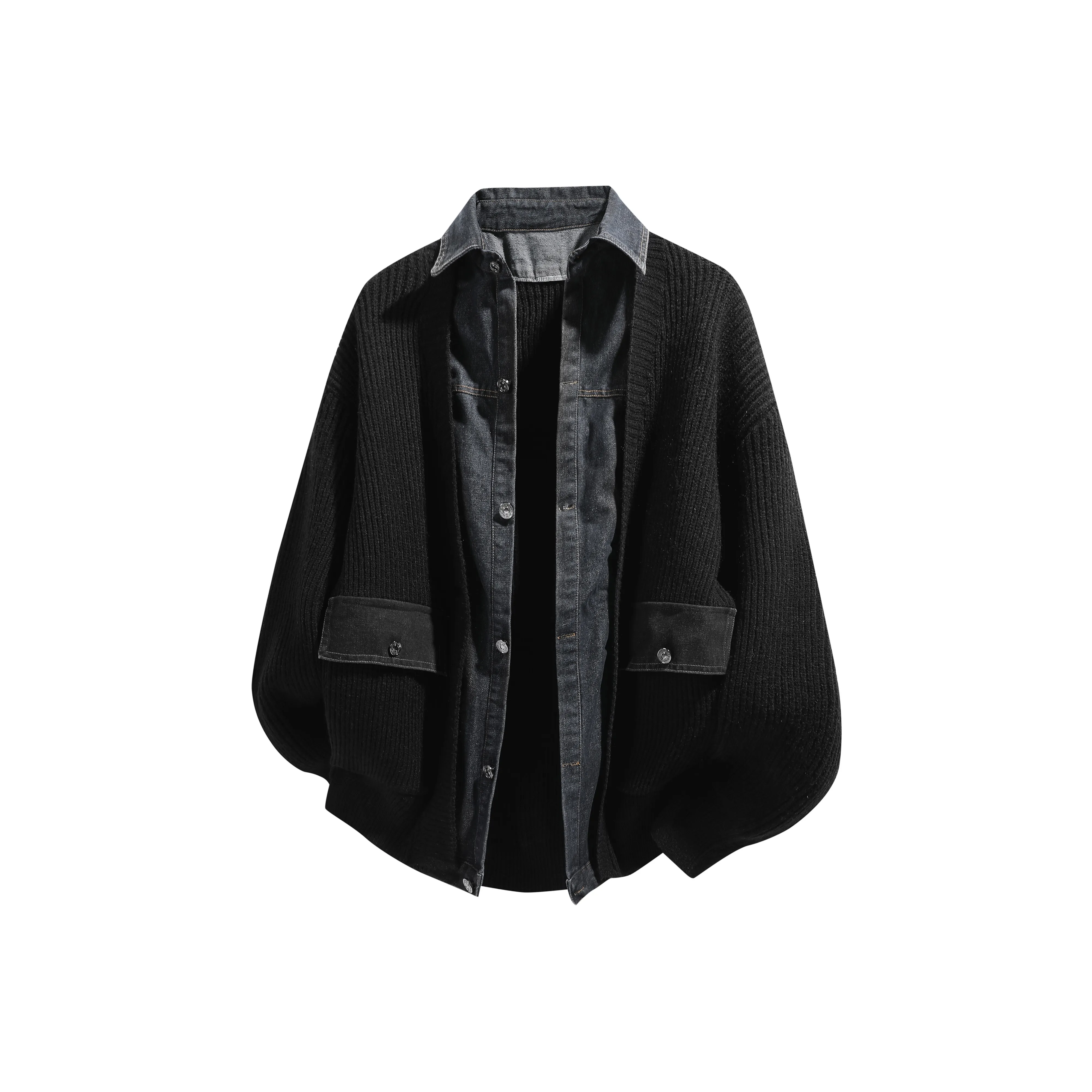 BOTH PLAY Fashion Versatile Mock Two Piece Denim Shirt Anti Pilling Large Pocket Cardigan Knitwear Unisex Black