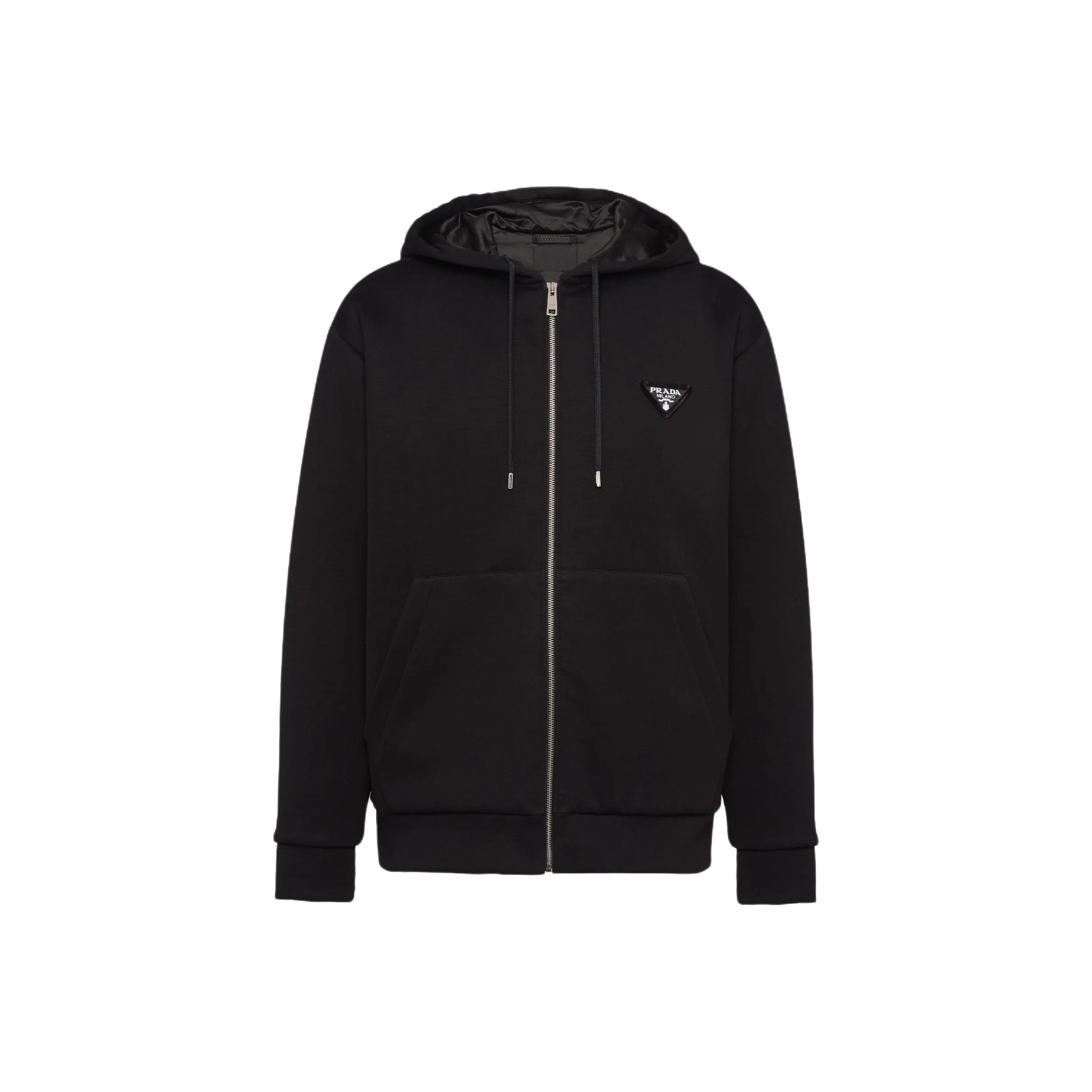 PRADA Logo Appliqué Zip Up Drawstring Hoodie