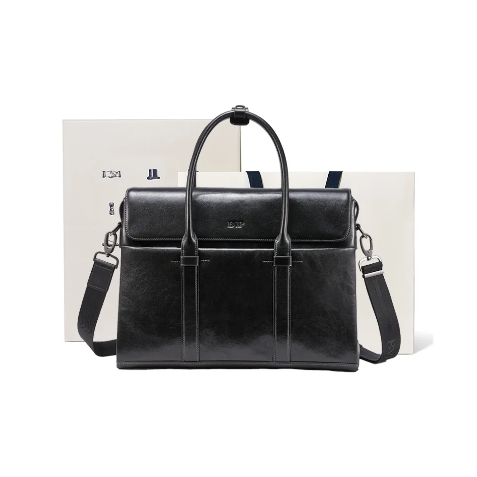 BVP Top Grain Cow Leather Business Multifunctional Crossbody Bag For 15.6 Inch Laptop Large Size Men's Black