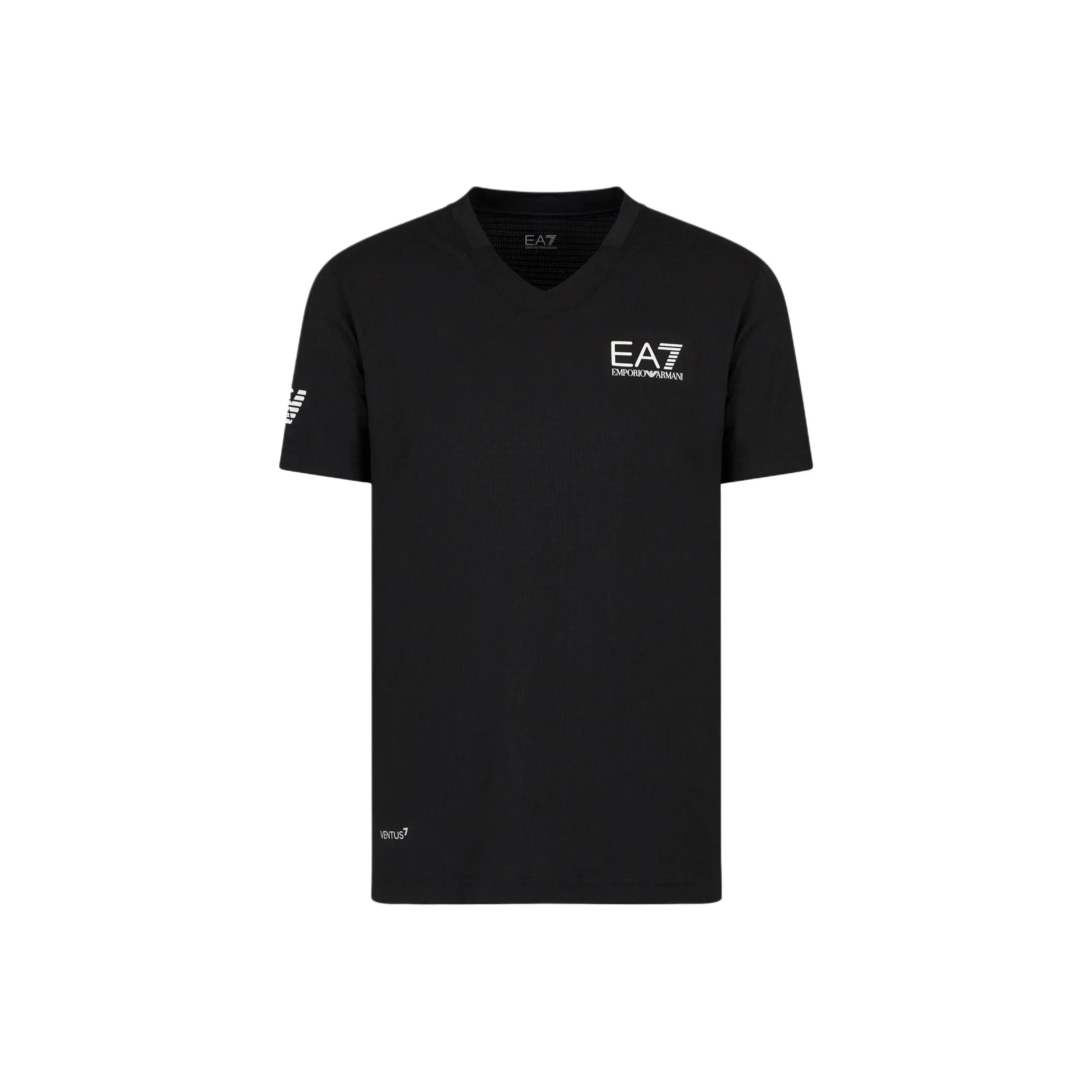 EMPORIO ARMANI EA7 Letter Logo Print V Neck Short Sleeved T Shirt Men's Black
