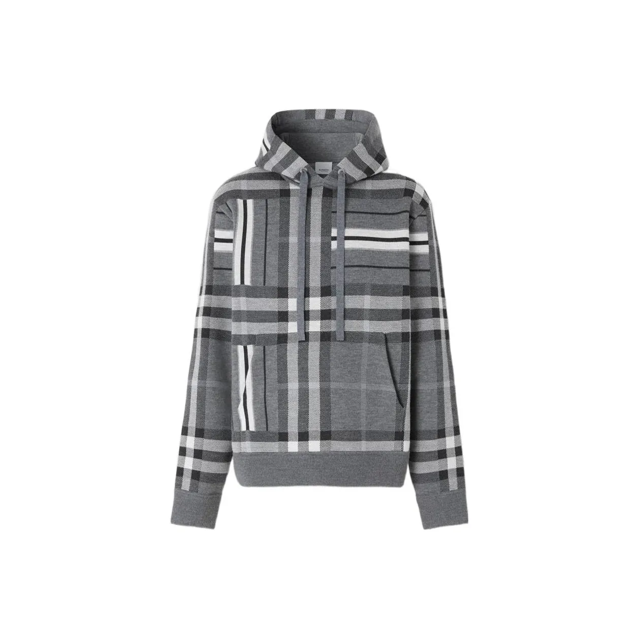 Burberry FW22 Check And Stripe Wool Blend Jacquard Hoodie Dark Grey Melange