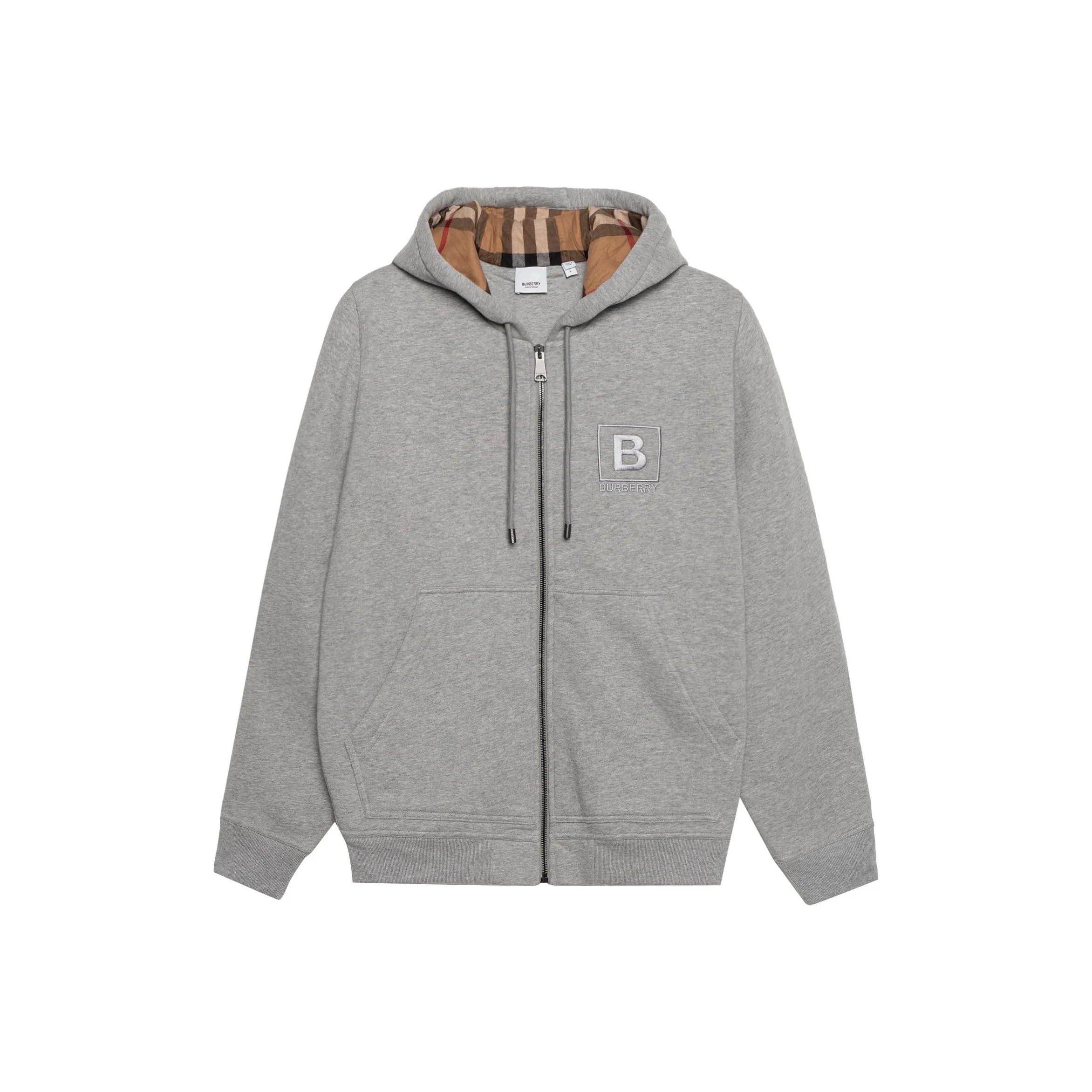 Burberry Men Letter Graphic Cotton Blend Zip Hoodie Pale Grey Melange