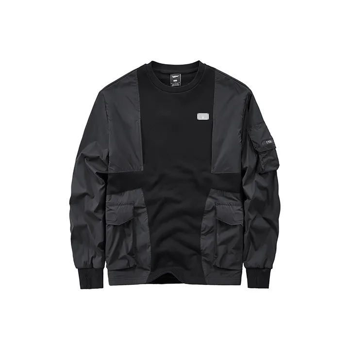 VIP Patchwork Design Long Sleeve Crew Neck Sweatshirt With Multiple Pockets Unisex Black