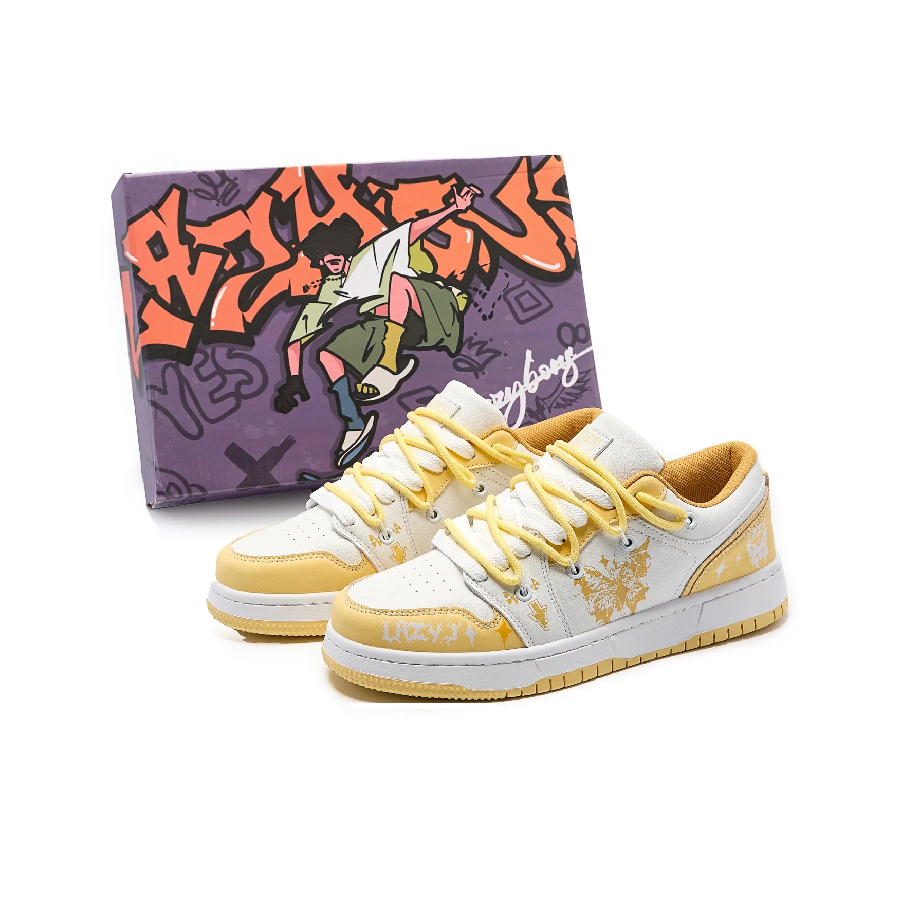 LAZY BONS Slip-resistant и дышащие кроссовки для скейтбординга с низким верхом унисекс светлый желтый