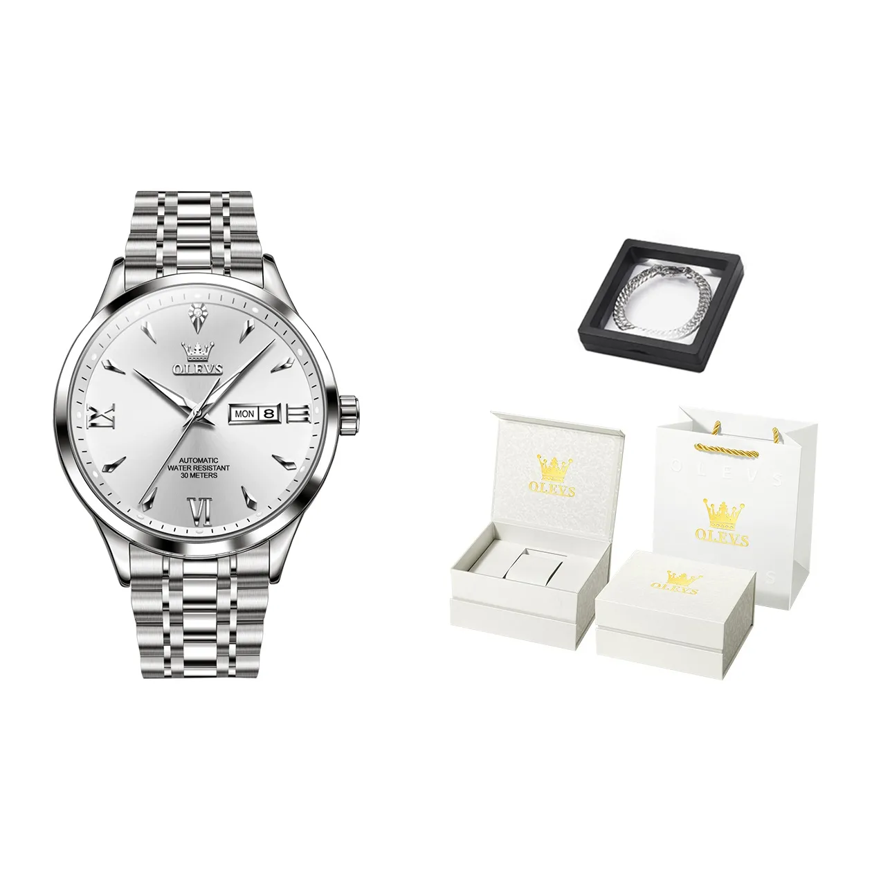 OLEVS Mechanical Movement Stainless Steel Watchband Watch Men's Watches White Dial