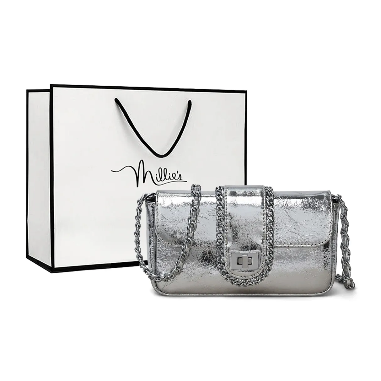 MILLIE'S Сумка через плечо из коровьей кожи маленькая квадратная сумка стандартная женская серебряная