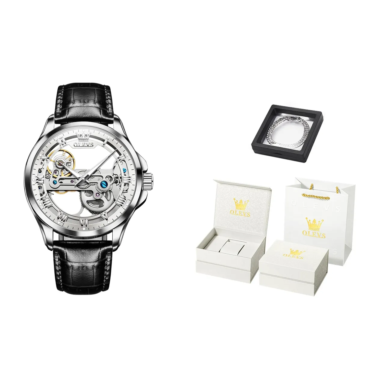 OLEVS Механические часы с кожаным ремешком белый циферблат мужские часы