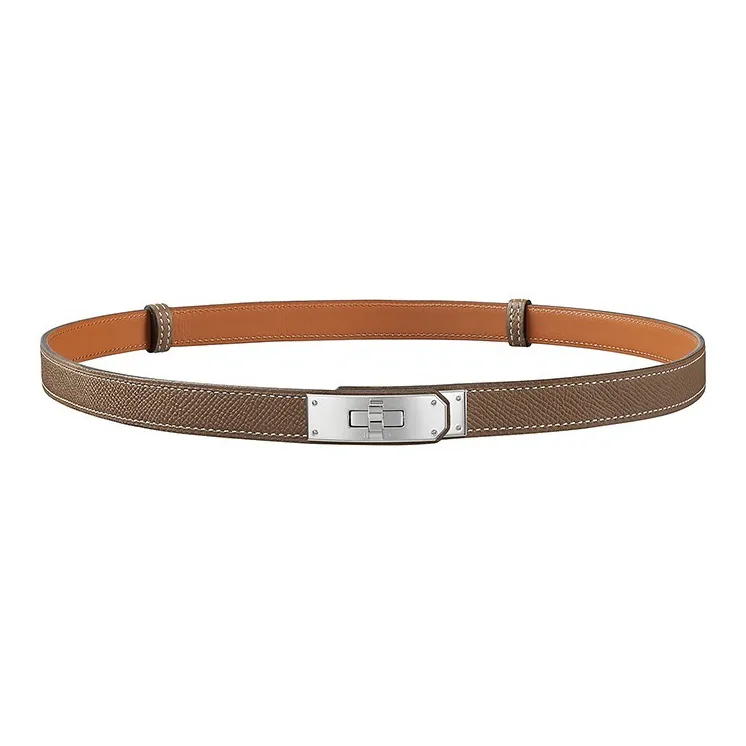 HERMES Calfskin Leather Belts Women's Elephant Gray/Silver Head Width 1.8CM