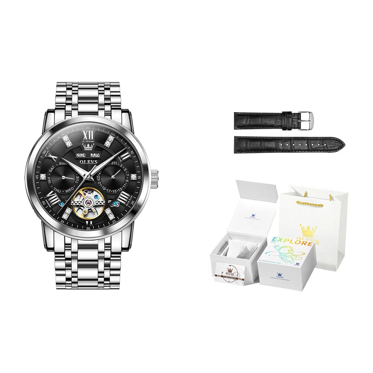 OLEVS Play The Cool Series Mechanical Movement Stainless Steel Watchband Watch Men's Watches Black Dial