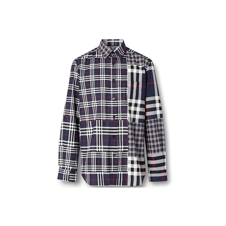 Burberry Check Spliced Square Collar Single-Breasted Shirt Dark Gray