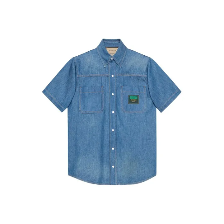 GUCCI Logo Patch Short sleeved Denim Shirt