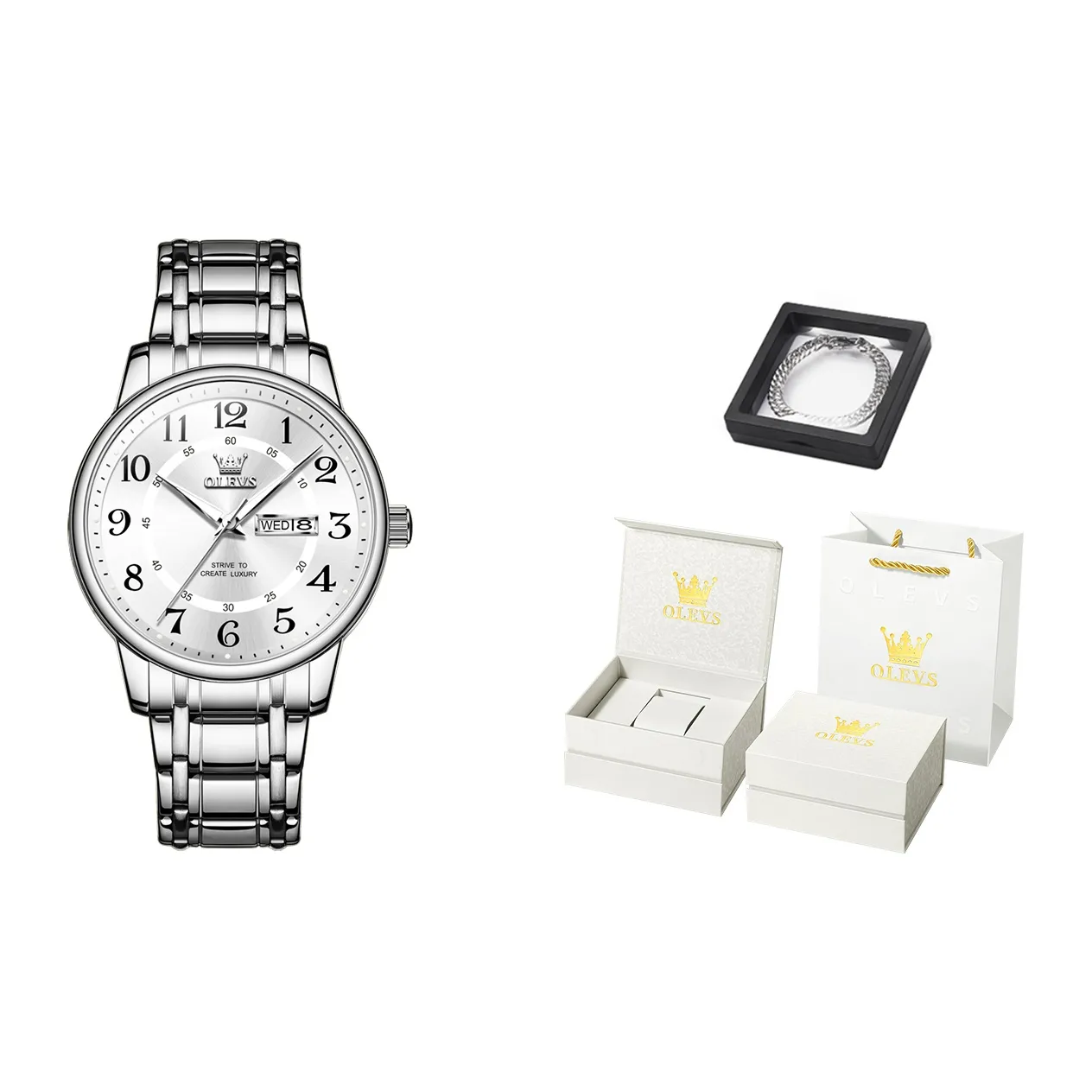 OLEVS Кварцевый механизм ремешок из нержавеющей стали мужские часы белый циферблат