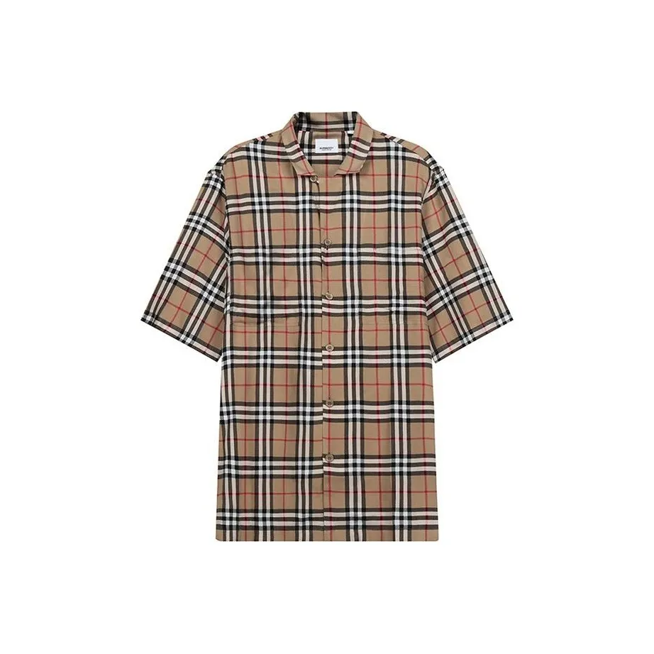 Burberry Mens Check Twill Single-Breasted Short Sleeve Shirt Beige