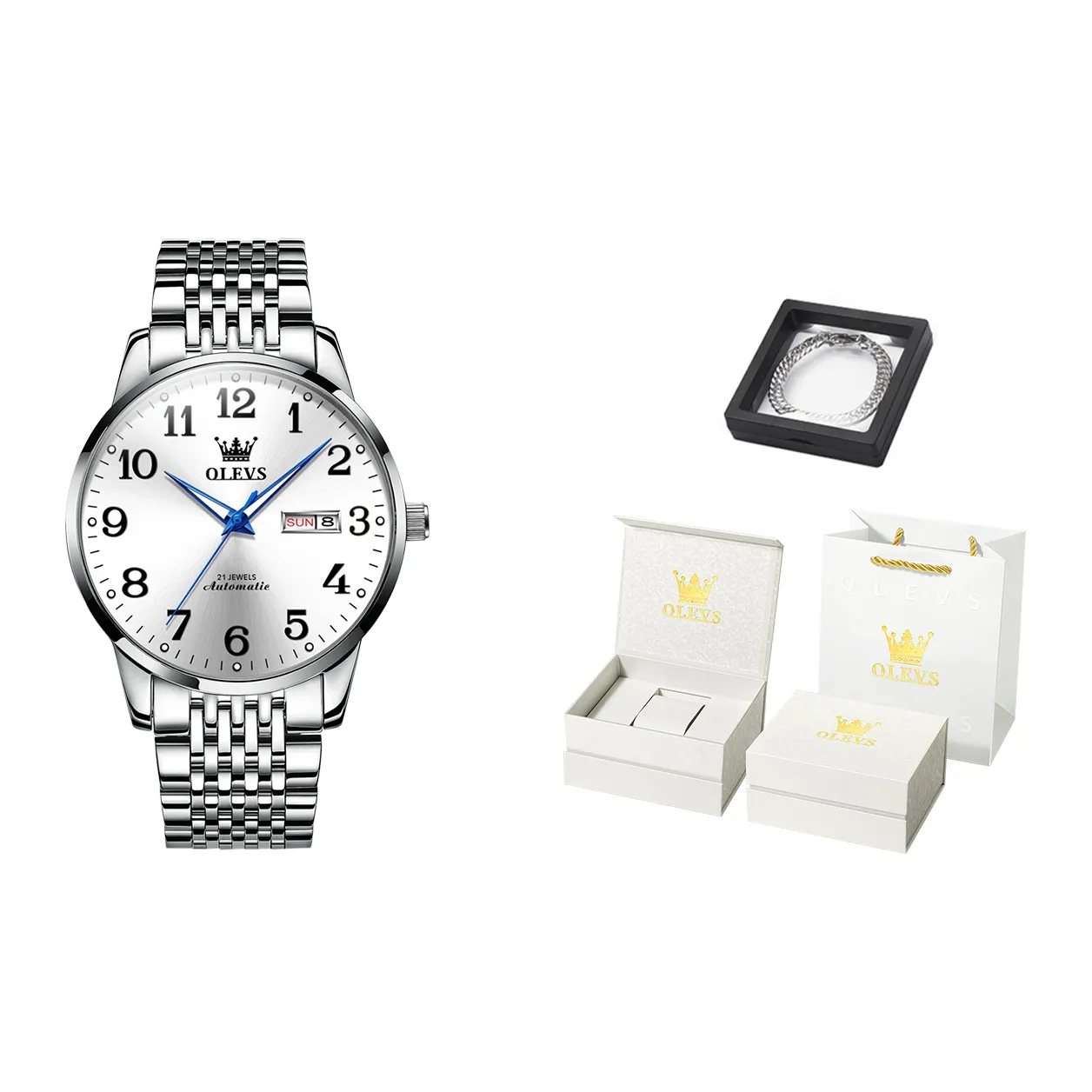 OLEVS Mechanical Movement Stainless Steel Watchband Watch Men's Watches White Dial