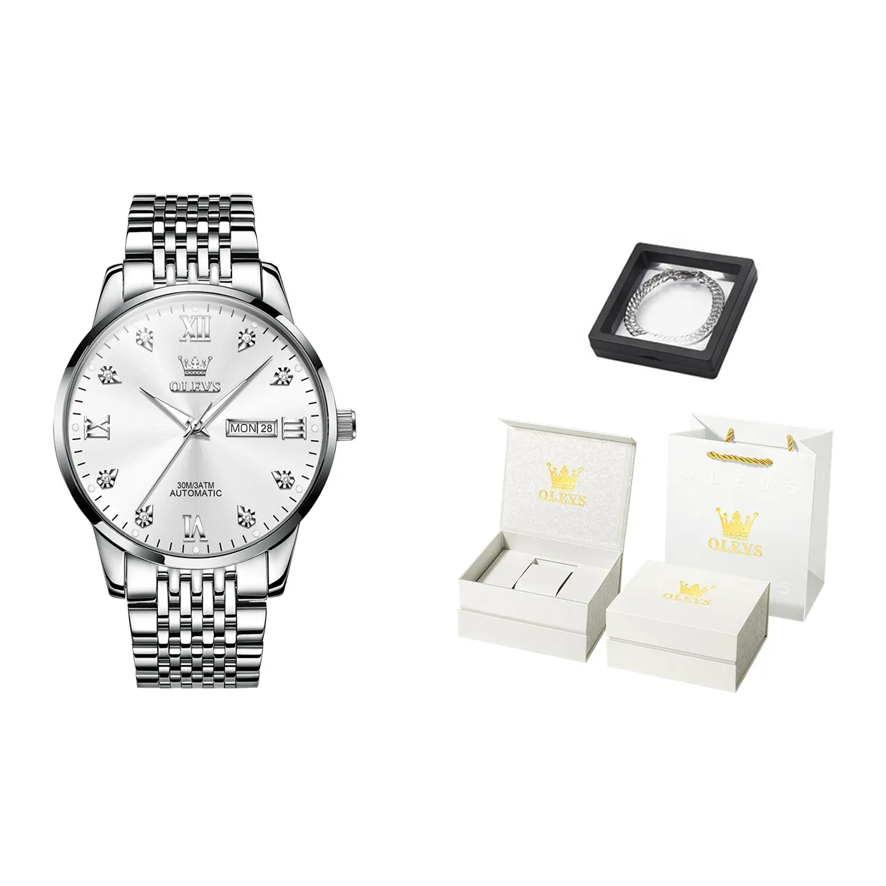 OLEVS Автоматический Механический Механизм Нержавеющая Сталь Ремешок Часы Мужские Белый Циферблат