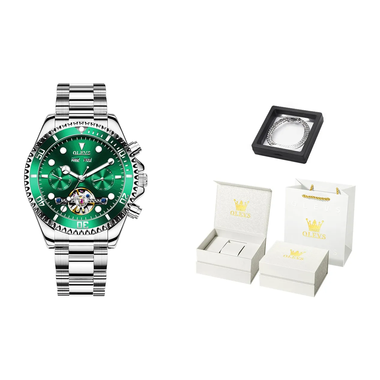 OLEVS Механический механизм ремешок из нержавеющей стали мужские часы зеленый циферблат