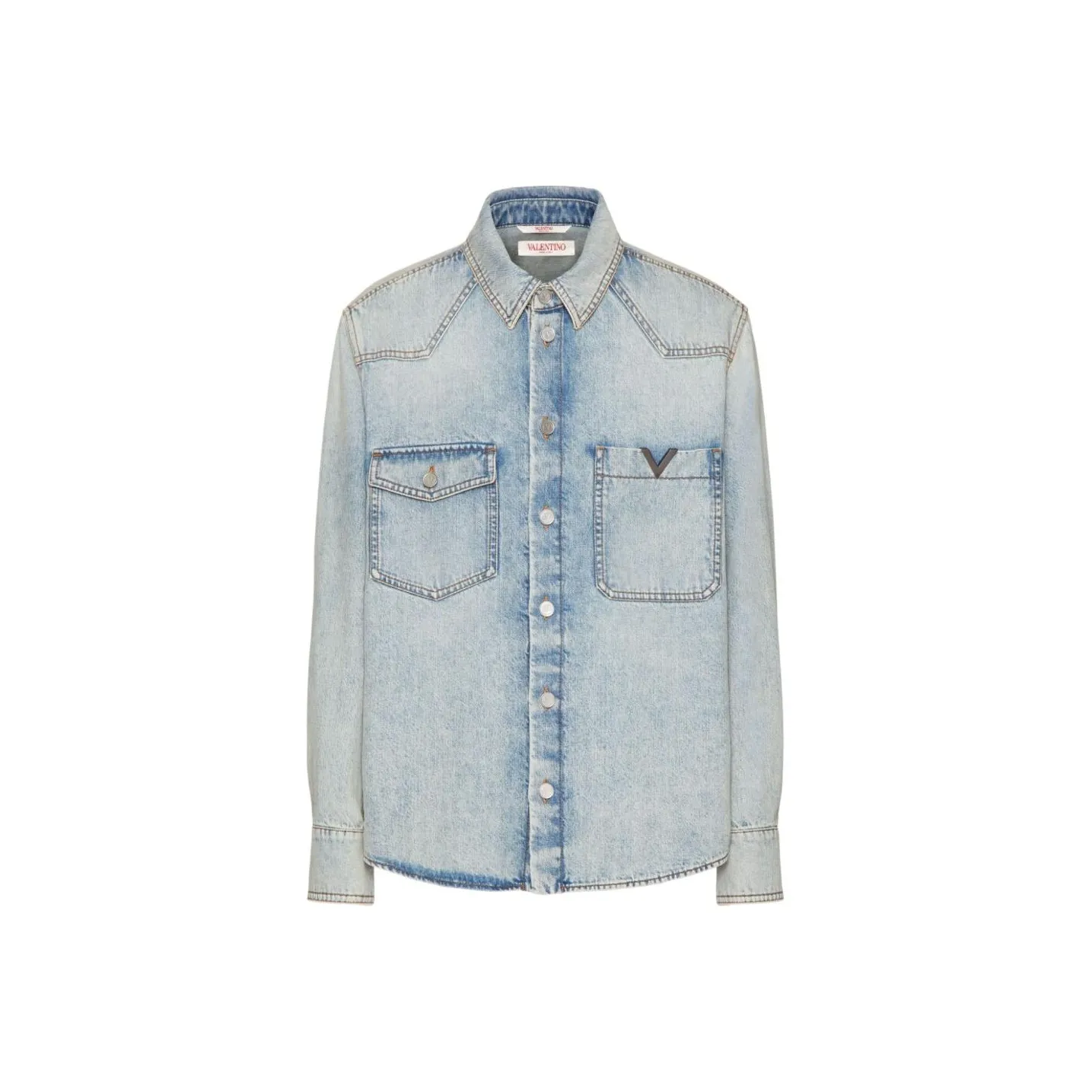 Valentino Logo Plaque Long Sleeved Denim Shirt