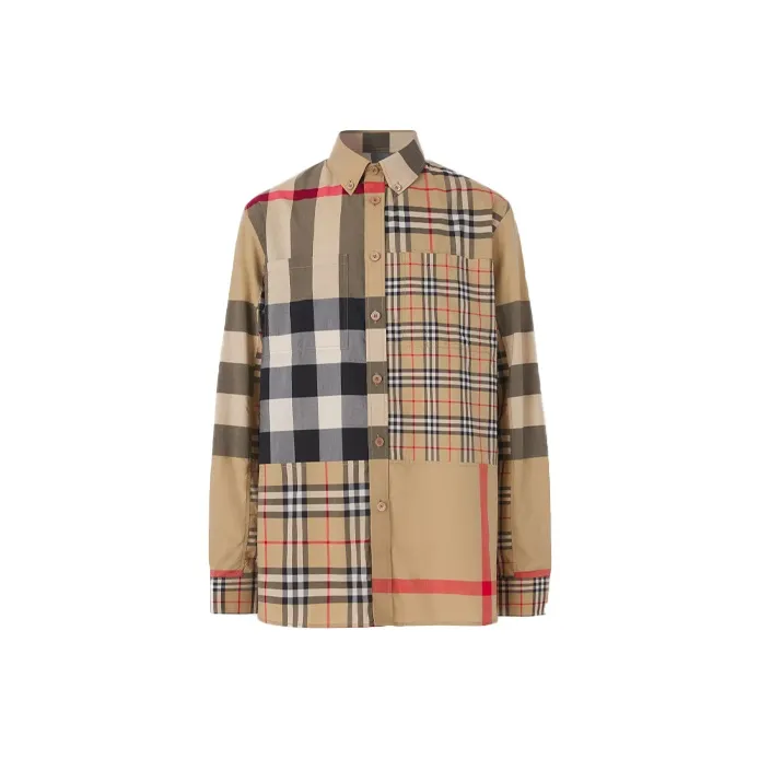 Burberry SS22 Check Spliced Single-Breasted Casual Shirt Archive Beige