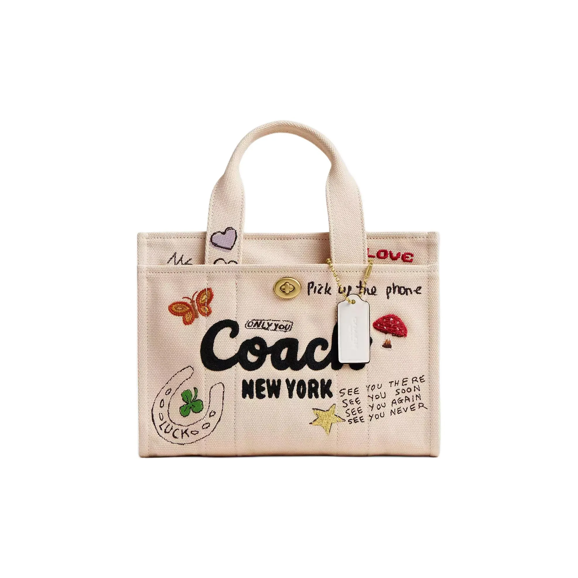 COACH Canvas Тоут Сумка Сумка для покупок Сумка Обычная Женская Латунь и Натуральный Многоцветный