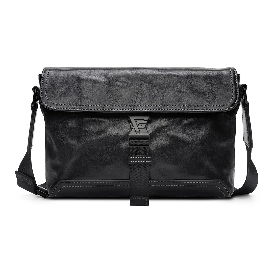 PIERRE CARDIN Top Grain Cow Leather Messenger Bag, Shoulder Bag, Crossbody Bag Men's Black