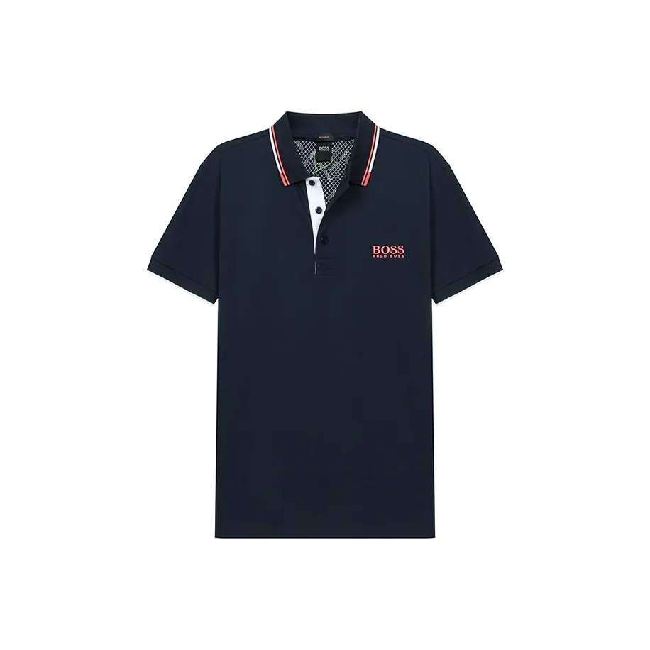 HUGO BOSS Short Sleeved Polo Shirt Men's Pink Text On Marine Blue Background