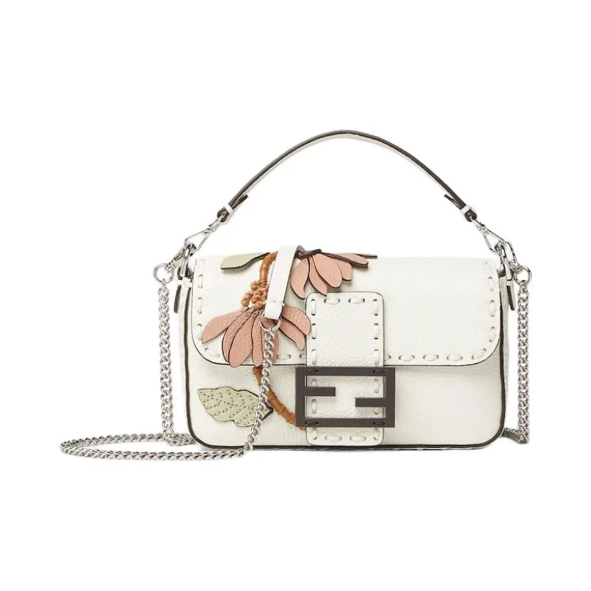 FENDI Baguette Leather One Shoulder Handbag Mini Women's White