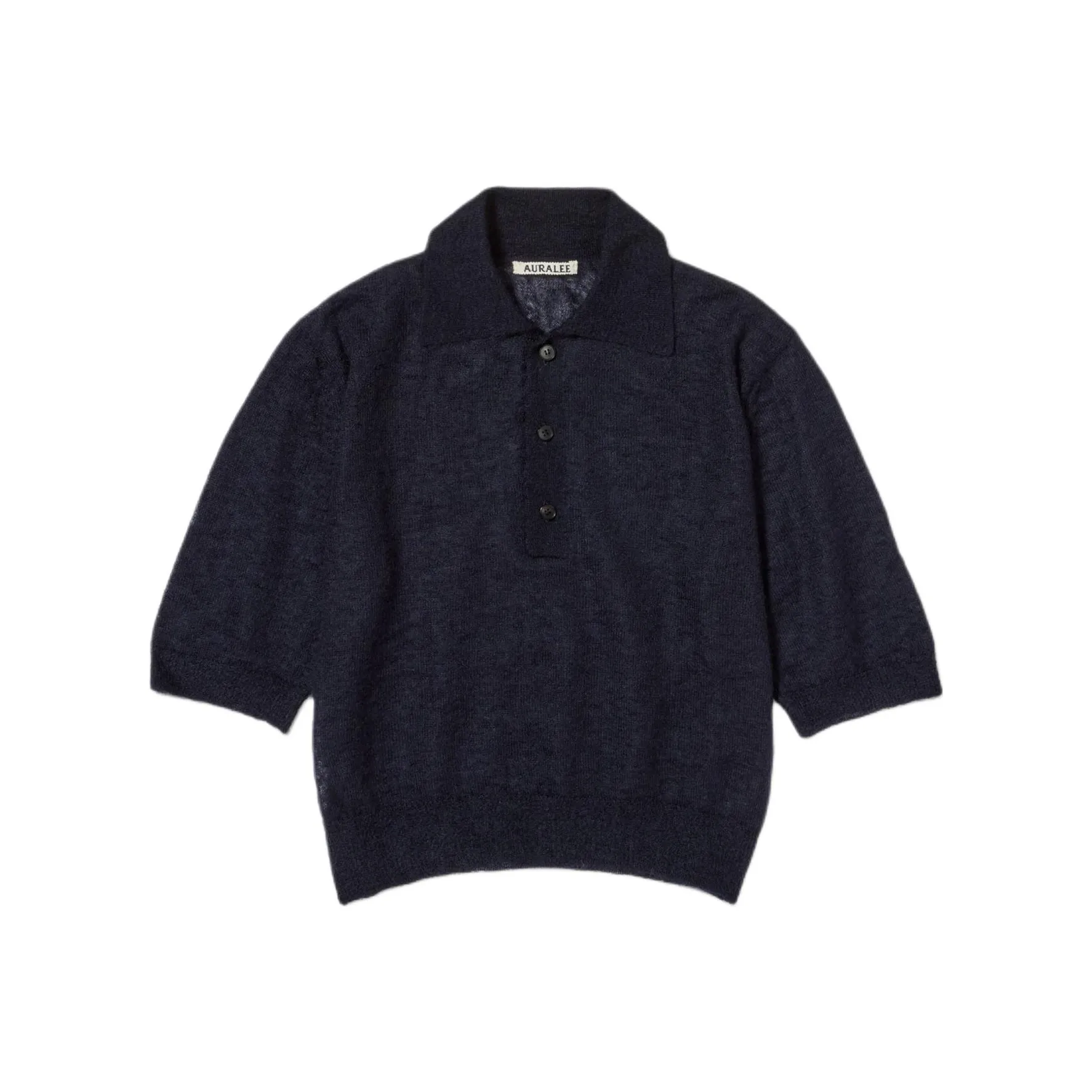 Auralee Kid Mohair Sheer Knit Polo 'Navy'