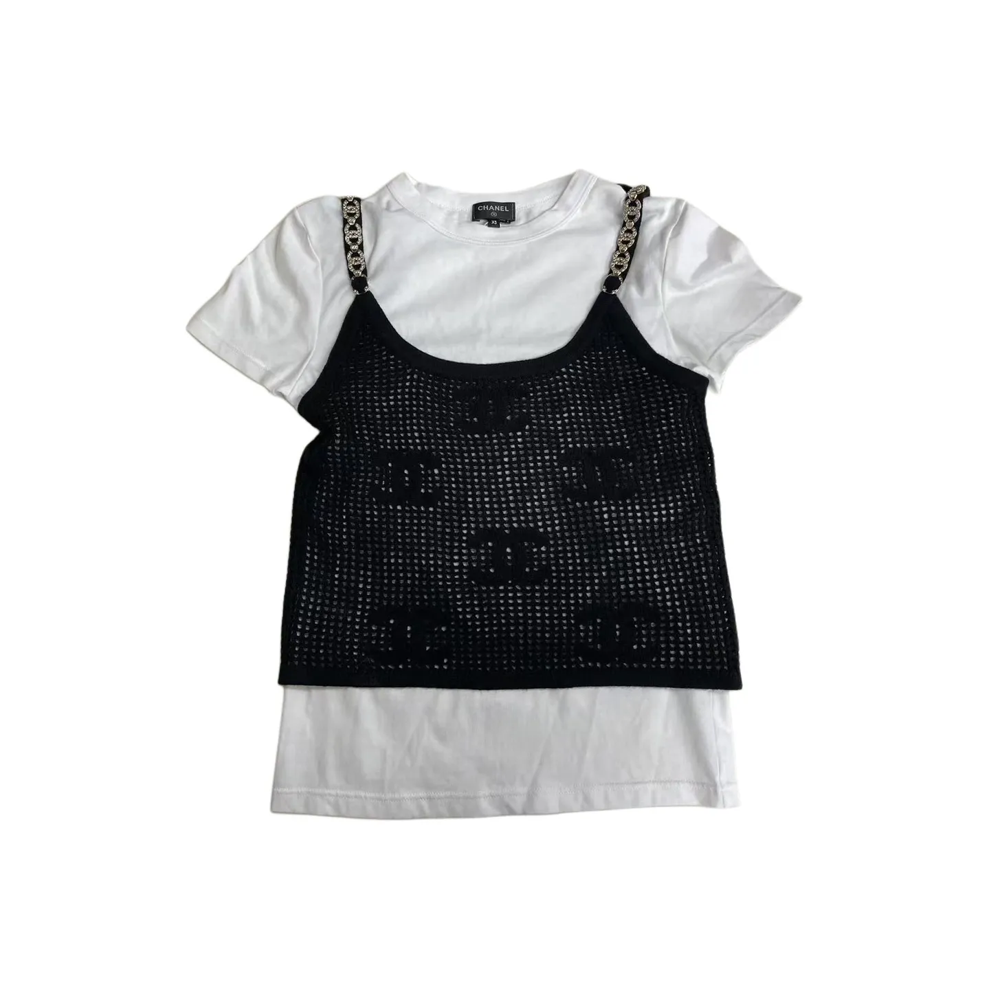 CHANEL Embroidery Letter Cut Out Camisole Short Sleeved Regular T Shirt Women's White