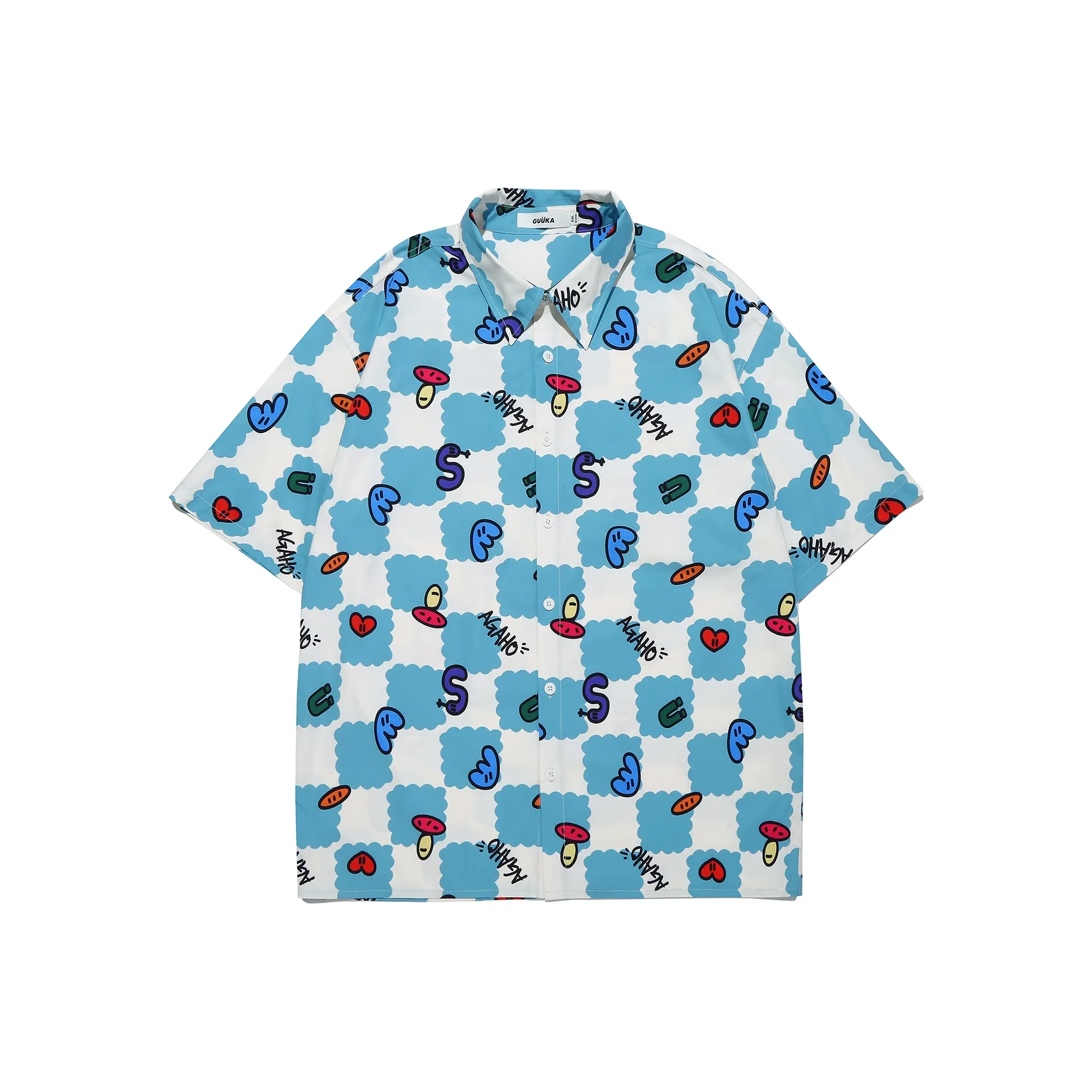 Guuka x AGAHO Короткий рукав рубашка унисекс синий зеленый