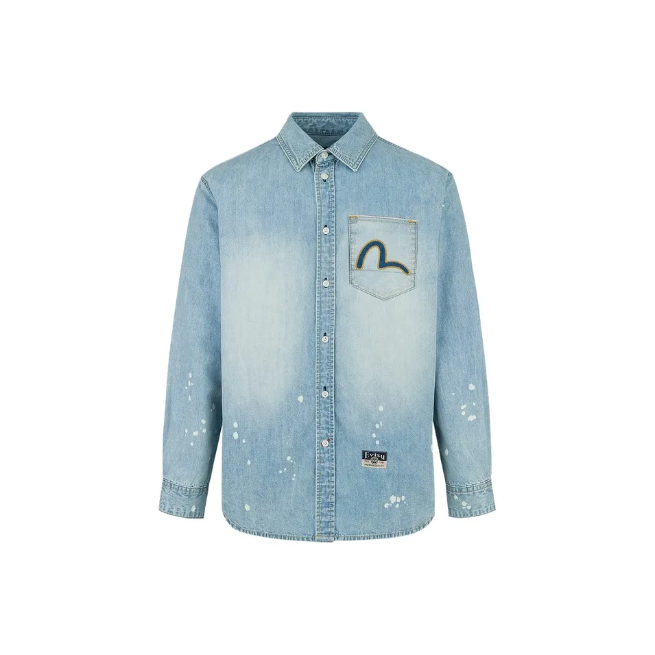 EVISU Длинный рукав рубашка мужская джинсовый синий