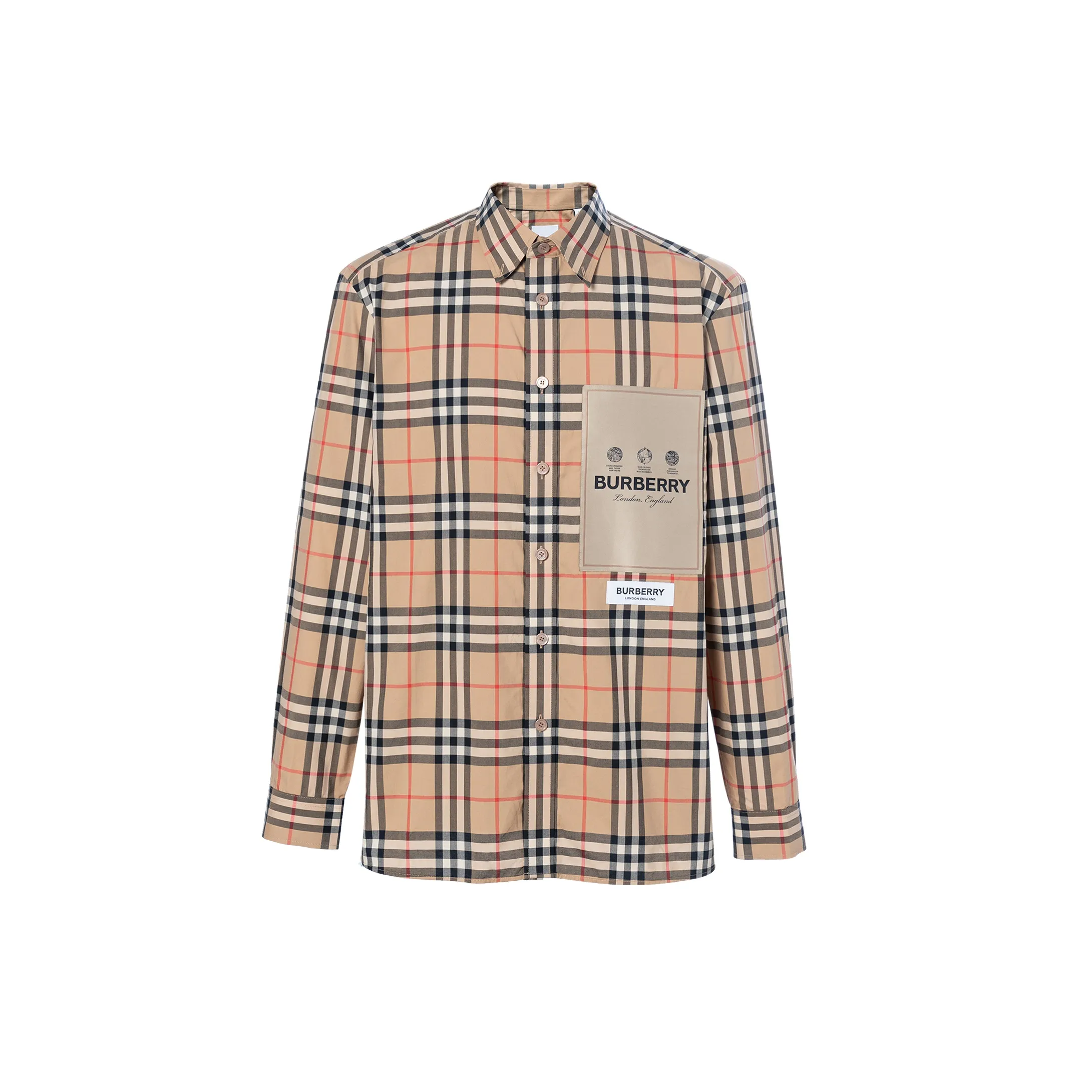 Burberry Men Label Applique Check Cotton Poplin Shirt Archive Beige