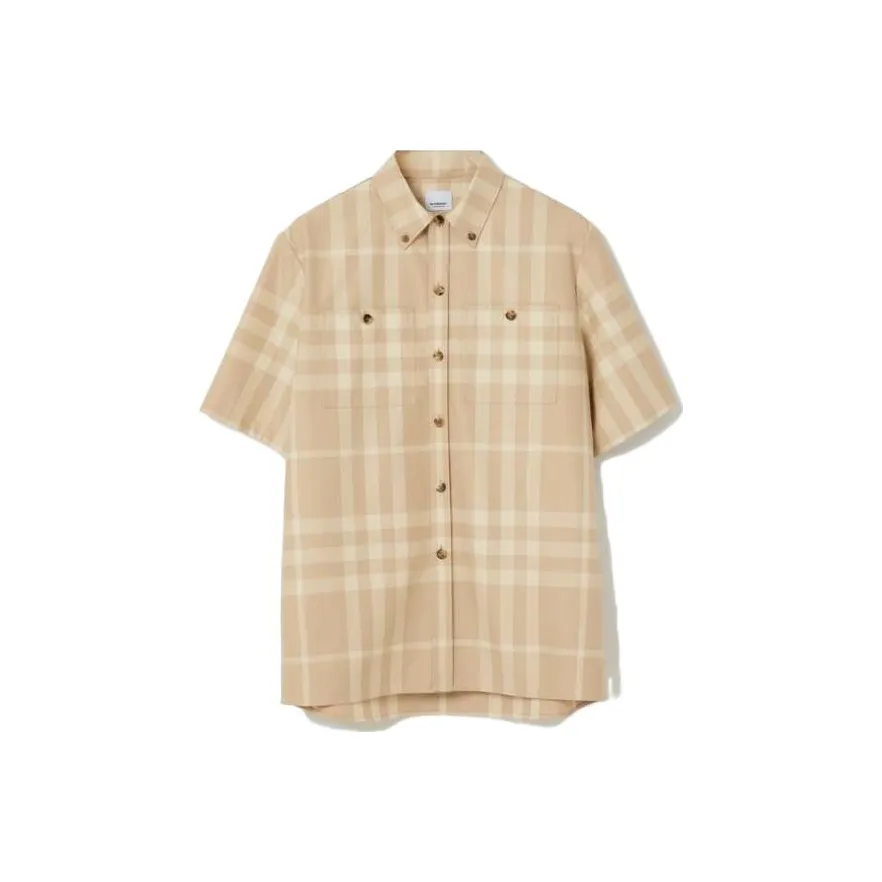 Burberry SS23 Check Stripe Single-Breasted Collar Short Sleeve Shirt Beige