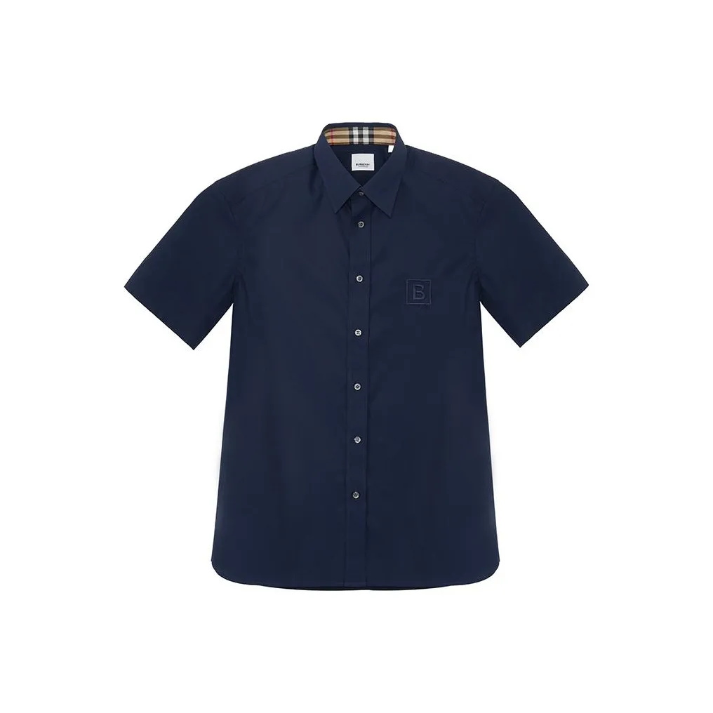 Burberry FW22 Men's Logo Embroidered Button Up Short Sleeve Shirt Navy
