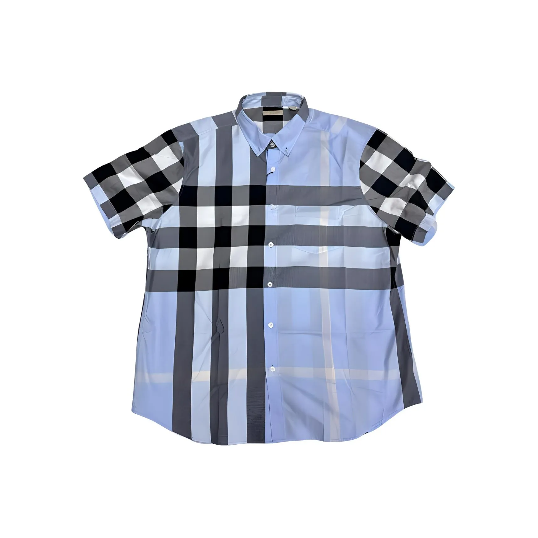 Burberry Check Print Single-Breasted Point Collar Short Sleeve Shirt Blue