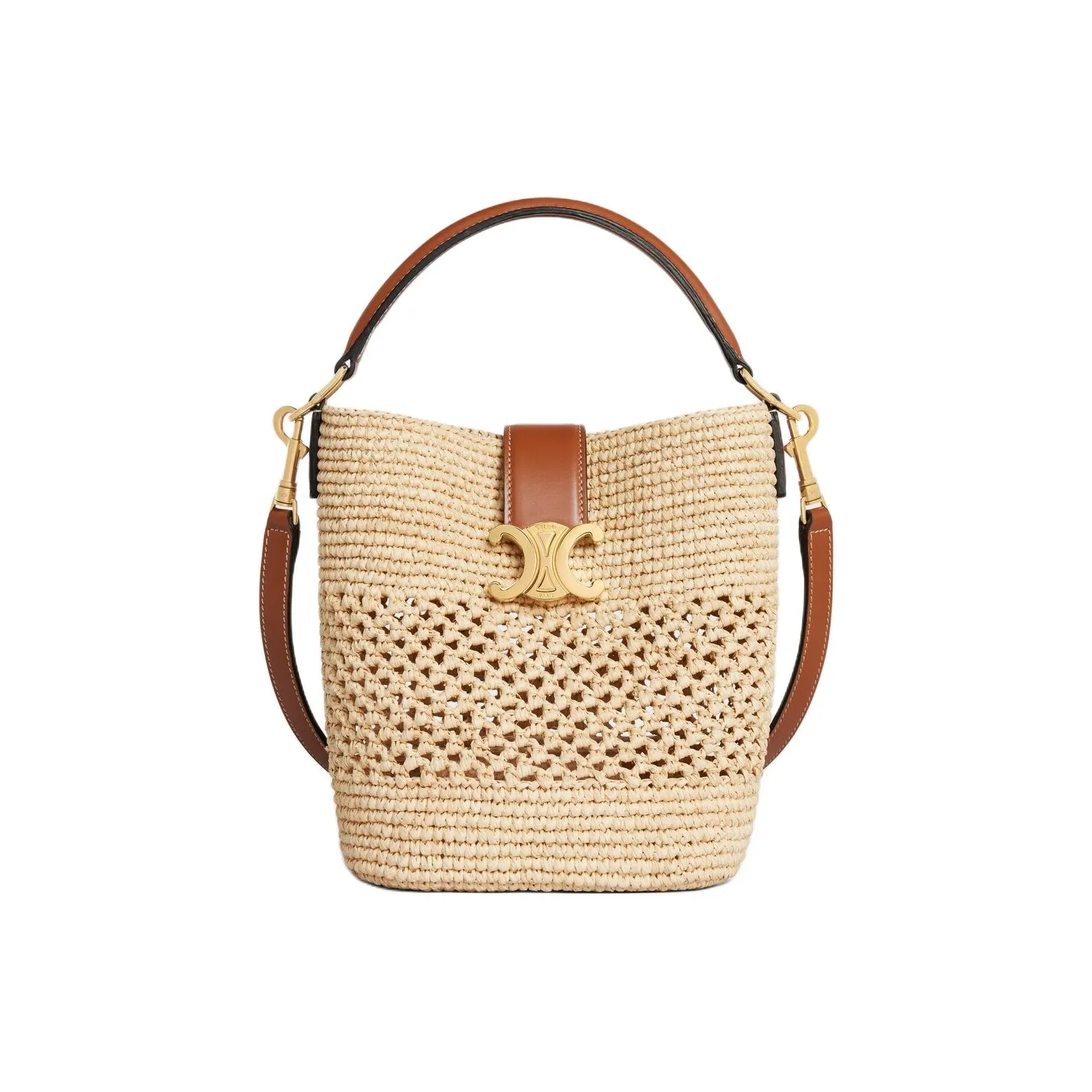 CELINE Raffia With Cow Leather Bucket Bag, One Shoulder Handbag Trumpets Women's Natural & Tan