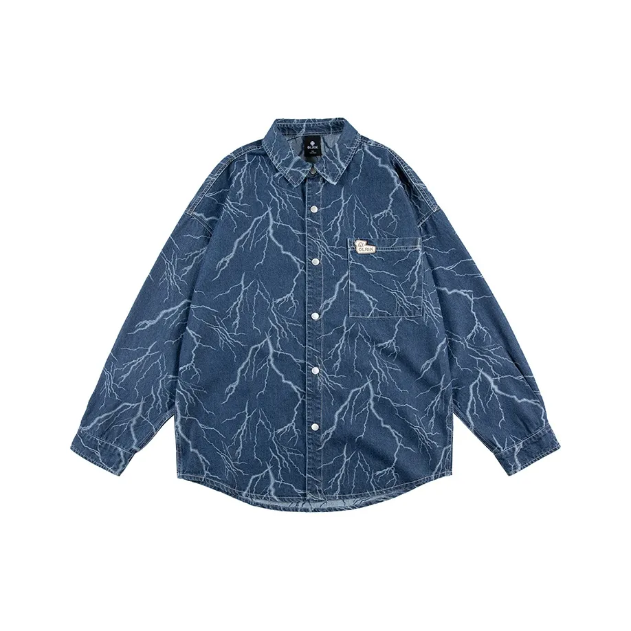 OLRIK Полная с принтом интенсивно вымытый деним рубашка весна-осень унисекс синий