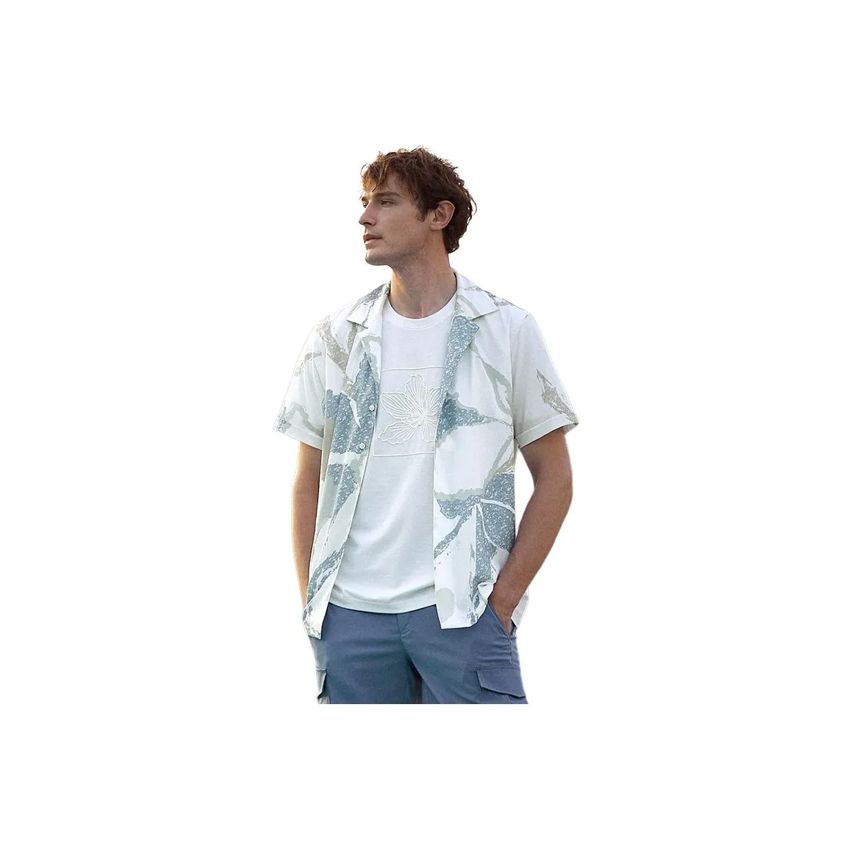 GOLDLION Shirt Men's Blue Green Floral With White Base
