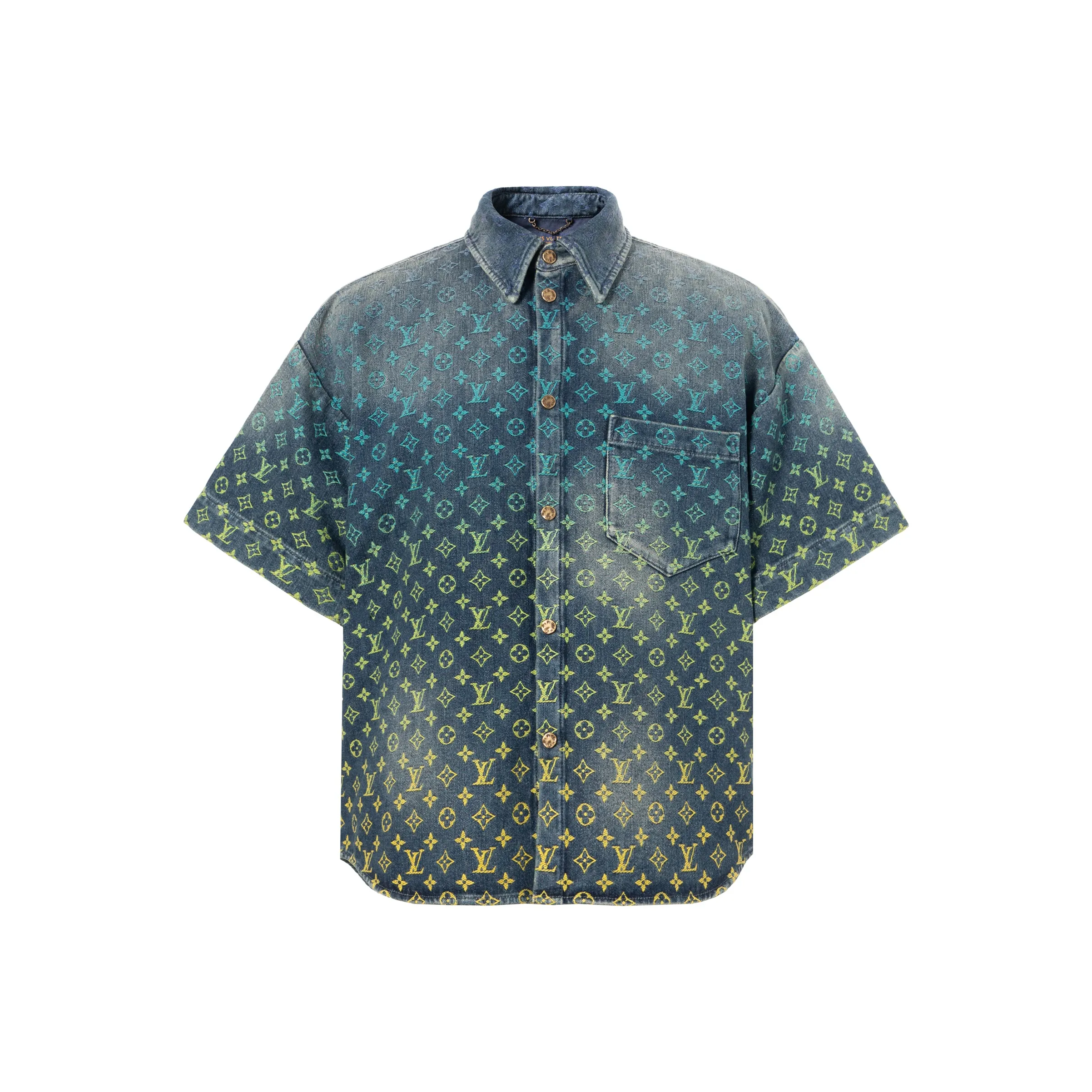 LOUIS VUITTON SS23 Rainbow Monogram Short Sleeve Denim Shirt Indigo Blue