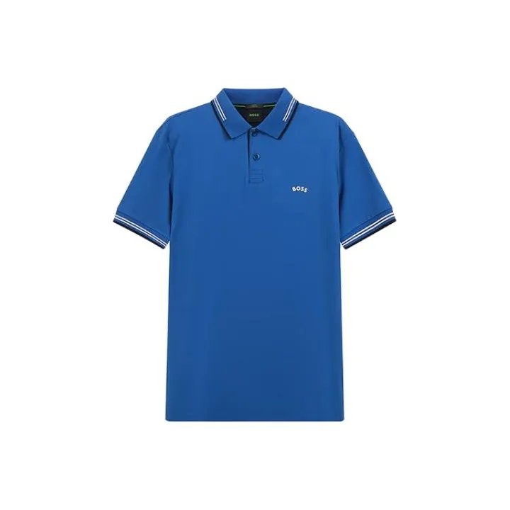 HUGO BOSS SS23 Men's Curved Logo Short Sleeve Polo Shirt Blue