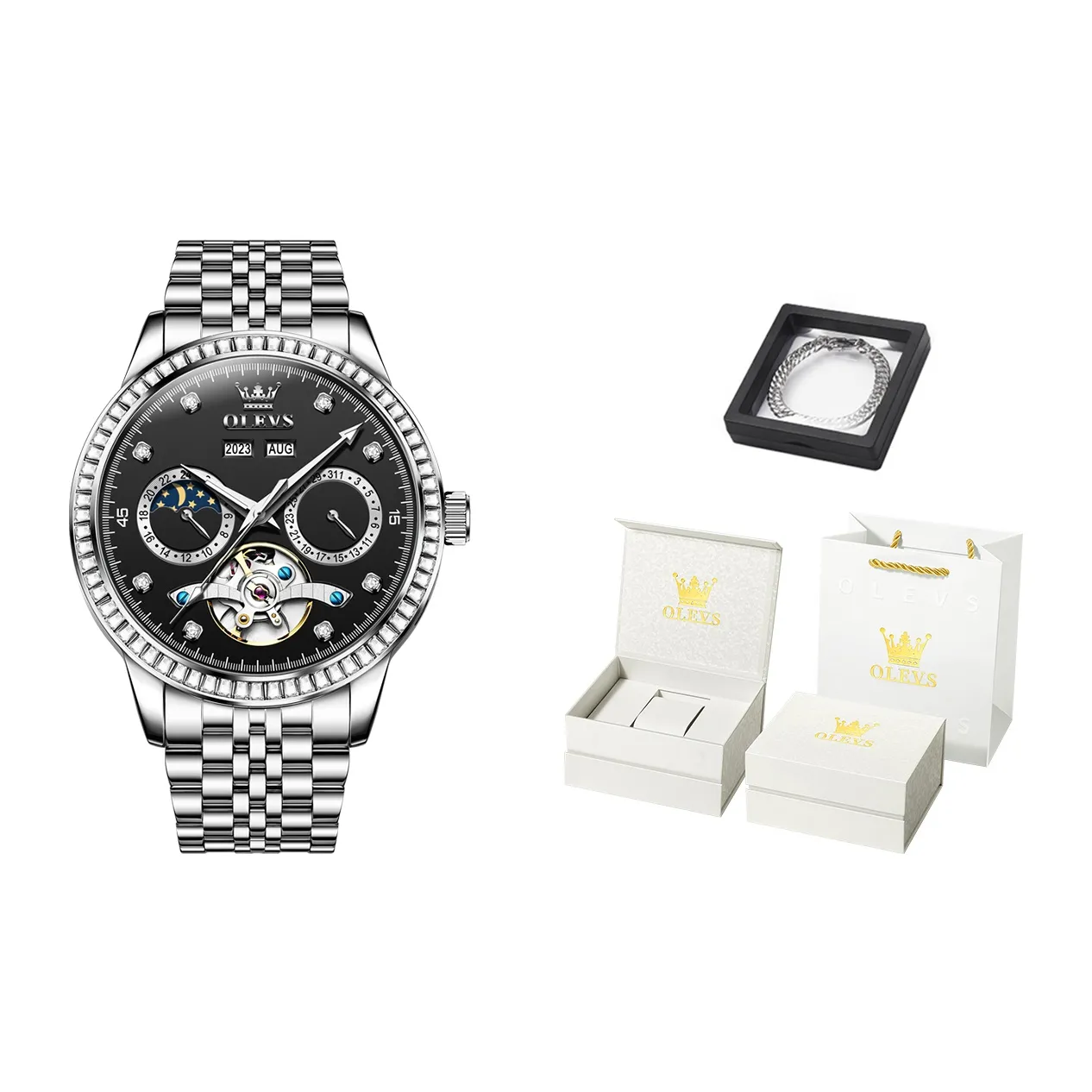 OLEVS Автоматический Механический Механизм Нержавеющая Сталь Ремешок Часы Мужские Черный Циферблат
