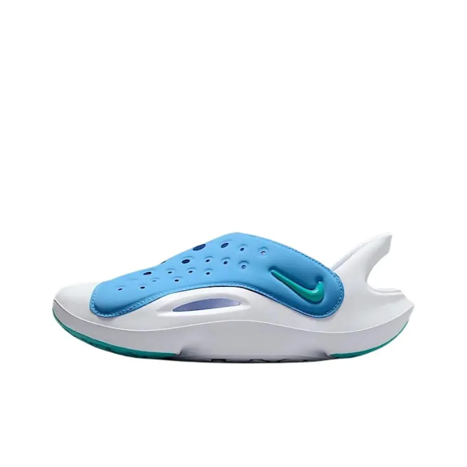 Nike Aqua Swoosh Slip-resistant Abrasion-resistant Low Top Children's Sandals White Blue Teenagers Найк Aqua Swoosh Противоскользящие Износостойкие Низкие Топы Детские Сандалии Белые Синие Подростки