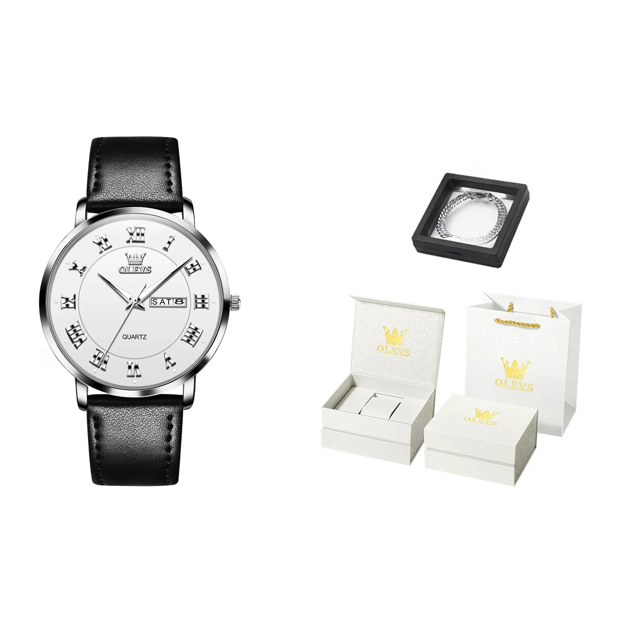 OLEVS Кварцевый механизм кожаный ремешок мужские часы белый циферблат