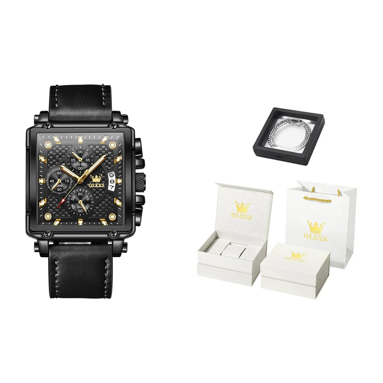 OLEVS Кварцевый механизм кожаный ремешок мужские часы черный циферблат