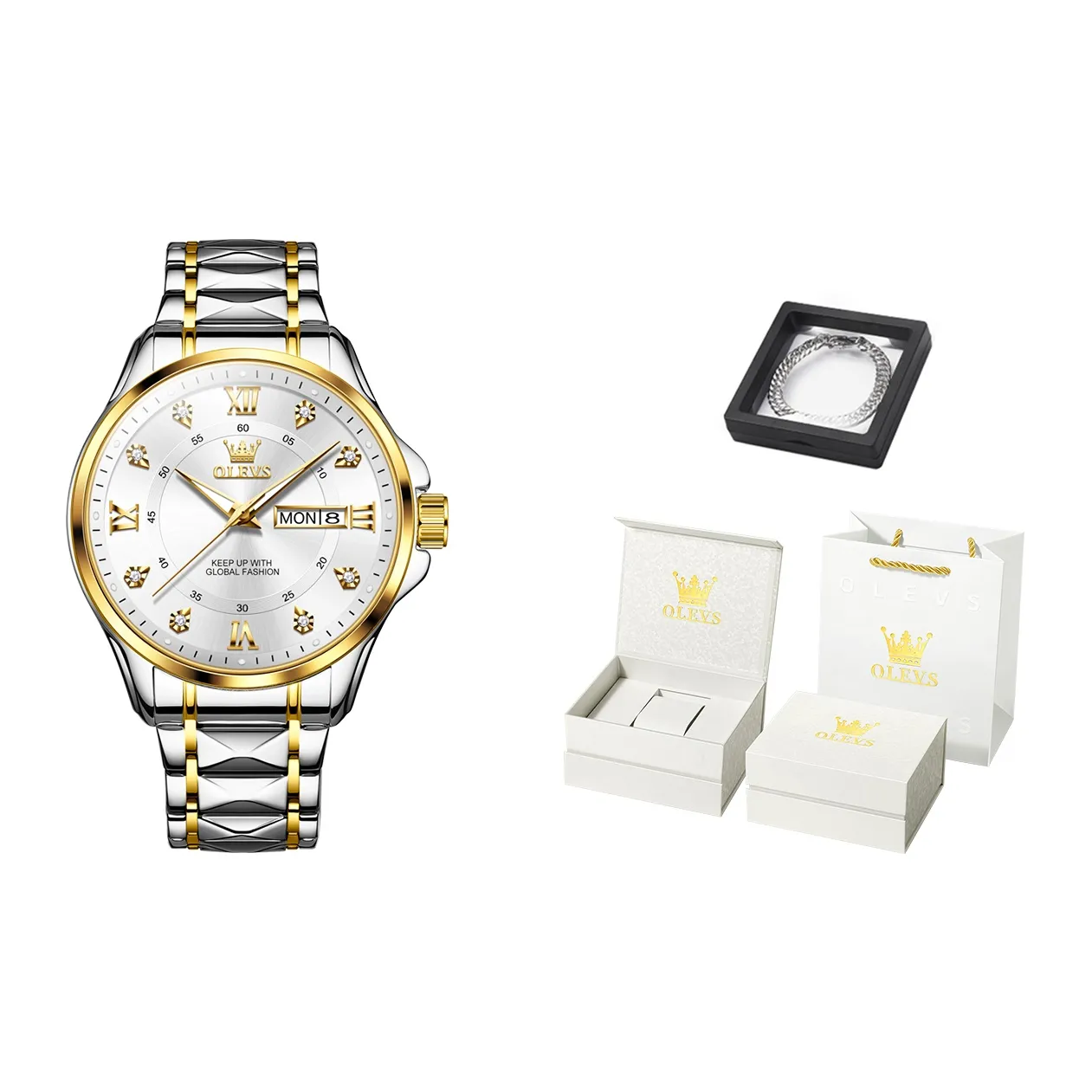 OLEVS Кварцевый механизм ремешок из нержавеющей стали мужские часы белый циферблат