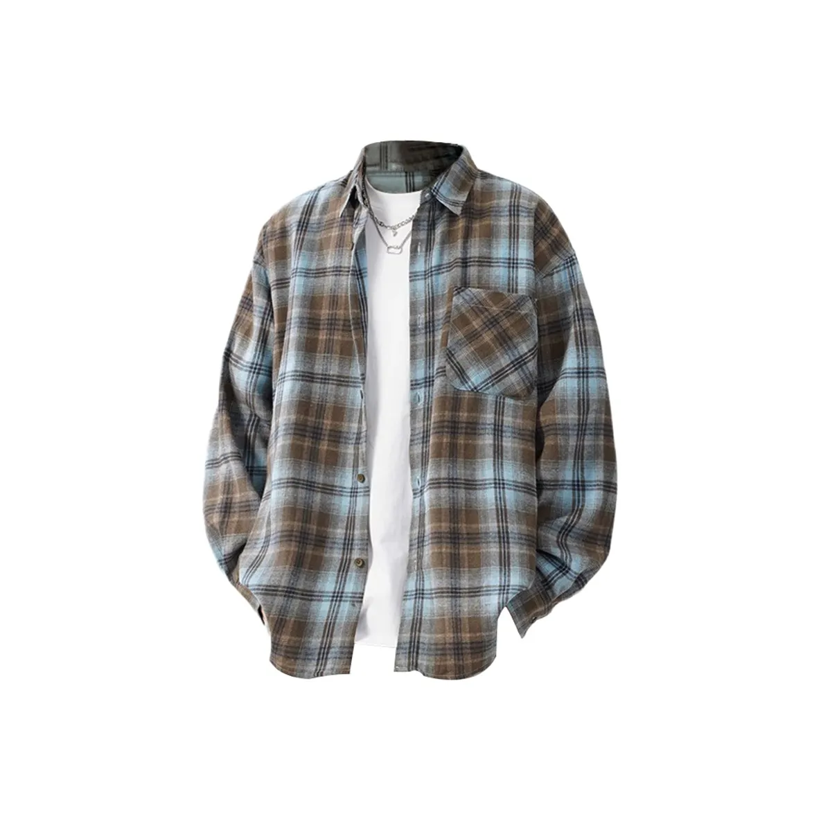 SUNSETMONENT Shirt Unisex Blue Brown Plaid