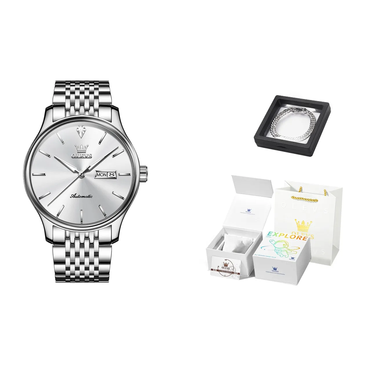 OLEVS Play The Cool Series Mechanical Movement Stainless Steel Watchband Watch Men's Watches White Dial